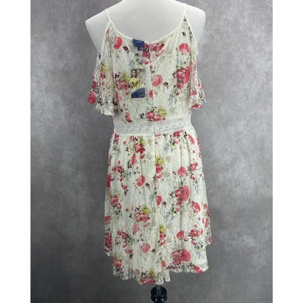 NWT Disney Beauty & The Beast Womens L Floral Wht Lace Dress Peek A Boo Shoulder
